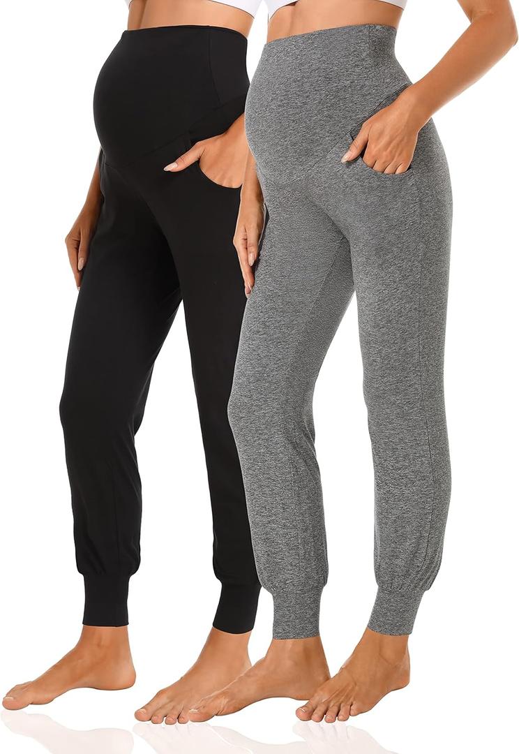 V VOCNI Women's Maternity Pants Maternity Activewear Jogger Track Cuff Sweatpants Over The Belly Stretchy Pregnancy Pants (Black/Dark Heather Gray, Small)