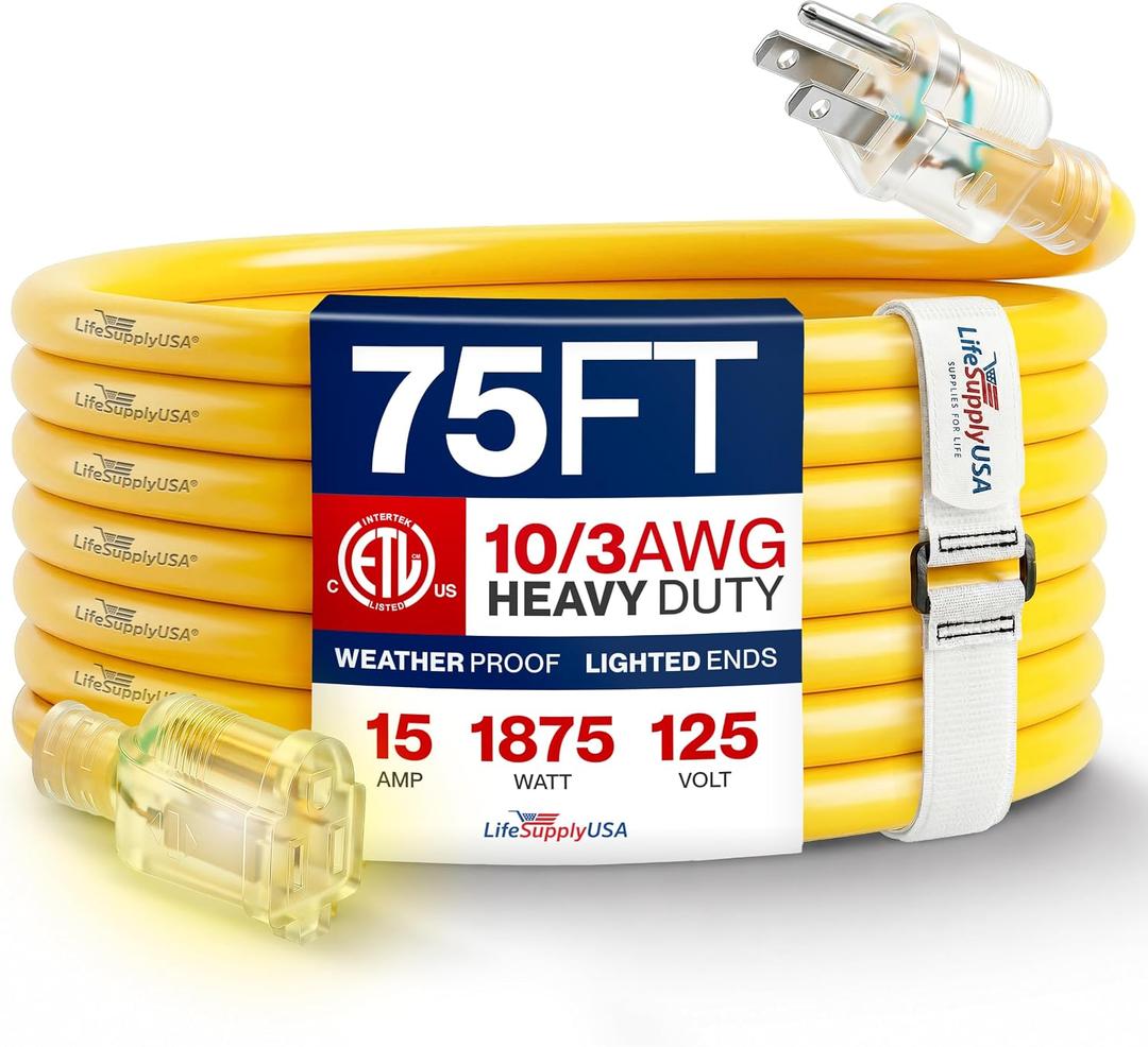 75ft Outdoor/Indoor Extension Cord 10/3 Gauge Ultra Heavy Duty 3 Prong SJTW, Waterproof, ETL Listed, Flexible Cold-Resistant Long Power Cord,15A 125V 1875W, Yellow by LifeSupplyUSA