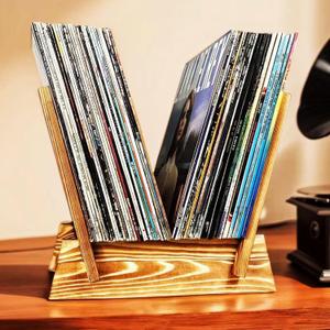Vinyl Record Storage Holder Real Wood, Rustic Wooden Vinyl Stand, Fits 10”-12” Size Record, Not for 7”, Easy to Flip 33 or 45 LPs Storage Display Rack, Farmhouse Home Decor