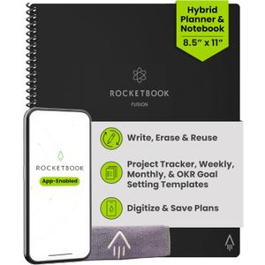 Rocketbook Fusion Hybrid Reusable Planner and Notebook in One, Additional Blank Pages, Goal and Project Tracker, Undated Planner, Letter Size 8.5x11, Black (Pack of 1)