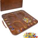 4 Player Wooden Mancala Board Game,4 Player Mancala Board Game Set, Great Glass Beads, Classic & Portable Marble Game for Family Night and Travel