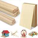 Unfinished Balsa Wood Sheets Sticks, Wood Dowel Rods Square Basswood Sheets, 50 Pcs Wooden Craft Making Supplies for Crafts DIY Projects Making
