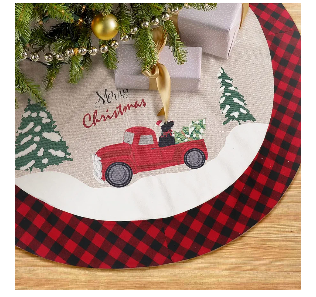48 Inches Burlap Christmas Tree Skirt with Red Plaid Trim, Red Truck and Black Dog Pattern Rustic Linen Farmhouse Style Xmas Holiday Party Decorations