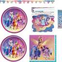 My Little Pony Birthday Party Supplies Bundle Pack for 16 includes 16 Plates, 16 Napkins, 1 Happy Birthday Banner, 1 Dinosaur Sticker Sheet