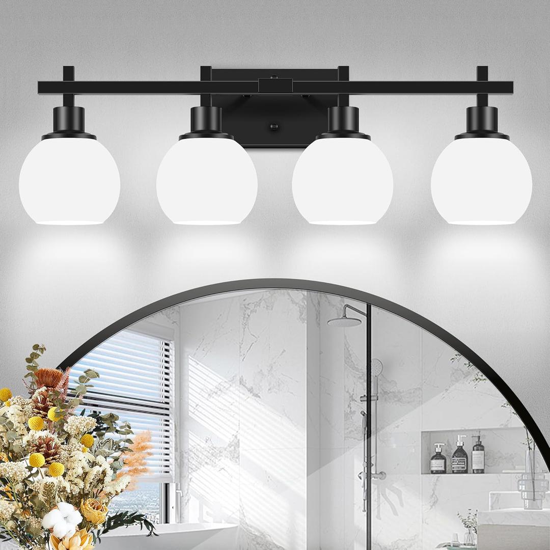 4-Light Modern Vanity Lighting Fixtures, Bathroom Wall Mounted Vanity Light,Black Bathroom Lighting Fixtures Over Mirror with Milky White Glass Lampshade for Bedroom, Living Room