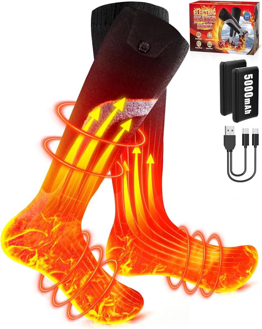 Heated Socks for Men Women, 5000 mAh Rechargeable Electric Heated Socks with 4 Heat Settings, 360 Surround Heating Washable Winter Foot Warm Socks for Hunting, Skiing, Camping, Hiking