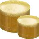Rubtlamp 100Pcs Yellow Gold Plastic Plates, Yellow Disposable Plates With Gold Rim, Clear Heavy-duty Party Supplies, Hammered Plastic Plates Include 50 Dessert Platos, 50 Dinner Platos for Party
