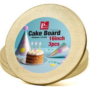 3Pcs 16 Inch Gold Round Cake Boards, 1/2inch Thick Sturdy Cake Drums with Smooth Straight Edges, Waterproof & Oil-Proof (Gold, 16")