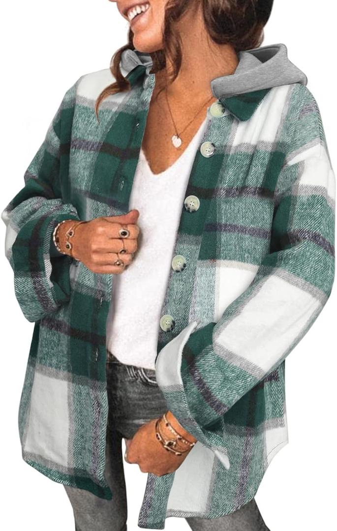 SHEWIN Womens Long Sleeve Button Down Plaid Shirts Flannel Hooded Shacket Jacket Hoodie Coats (Green, XXL)