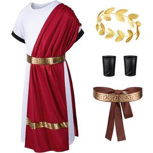 Kids Toga Costume Roman Robe Greek God Outfit Halloween Cosplay Costume Accessories Set (10-11 Years, Red)