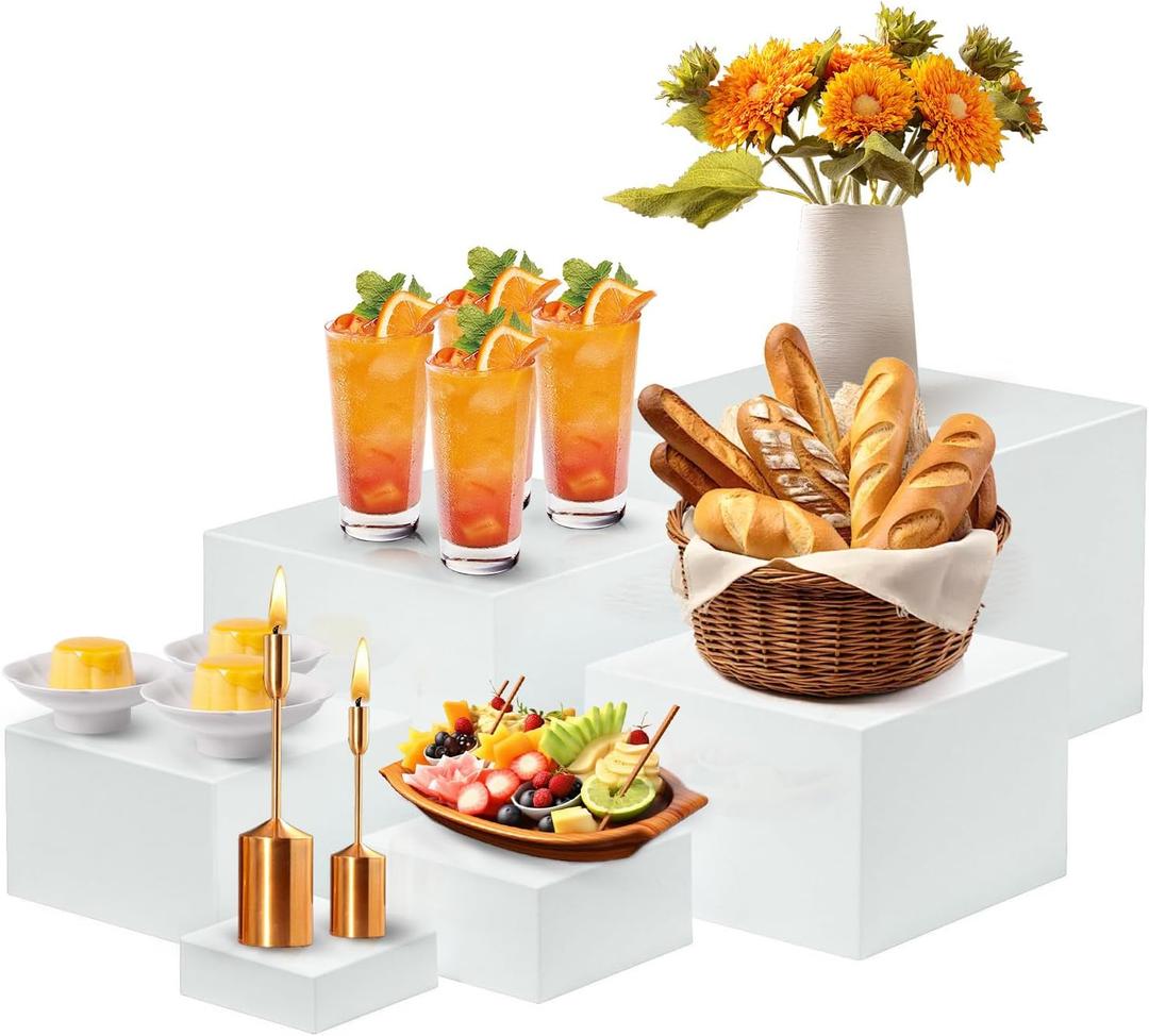 Buffet Risers Set of 6, Acrylic Food Risers for Buffet Table, White Display Stand Set with Hollow Bottoms, Cube Boxes for Cake Catering Dessert Party (3", 4", 5", 6", 7", 8'') Christmas Gift