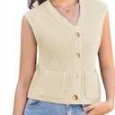 Womens Summer Crop Knit Sweater Vest Sleeveless Button Down Chunky Knit Vest Cardigan with Pockets (M)