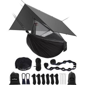 Sunyear Hammock Camping with Rain Fly Tarp and Net, Portable Camping Hammock Double Tree Hammock Outdoor Indoor Backpacking Travel & Survival, 2 Tree Straps,100% Waterproof (Black Bundle)