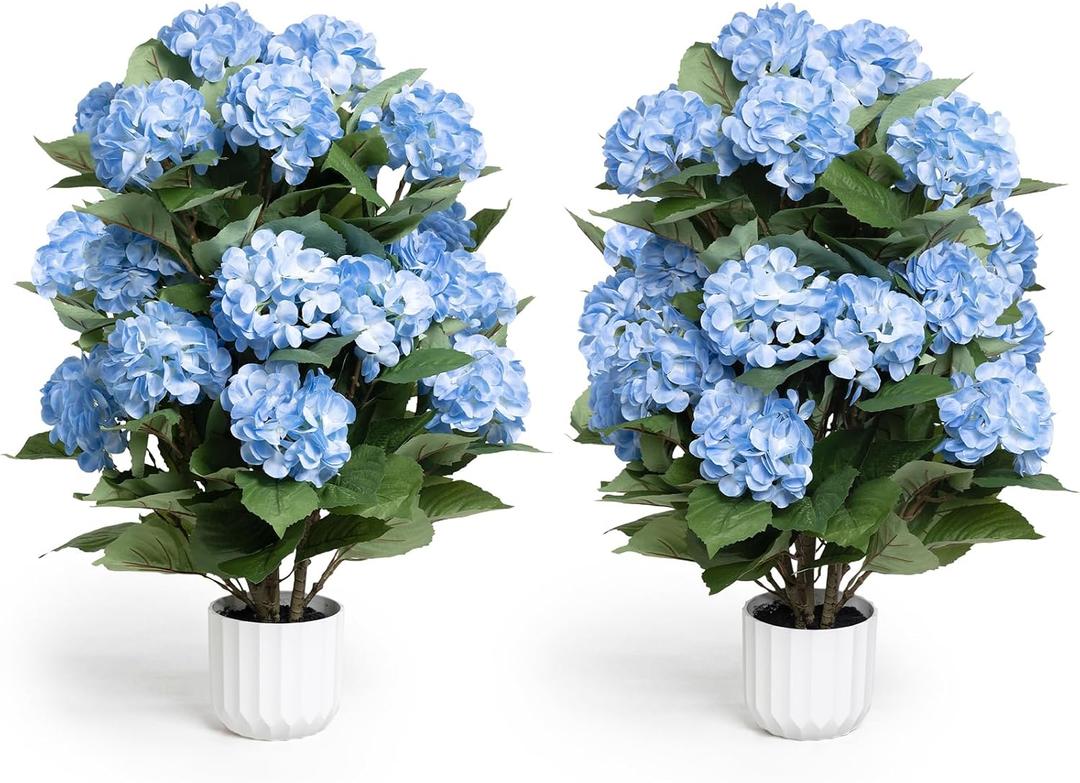 Hydrangea Artificial Flowers, 2 Pack 30in Blue Potted Plants, UV Resistant