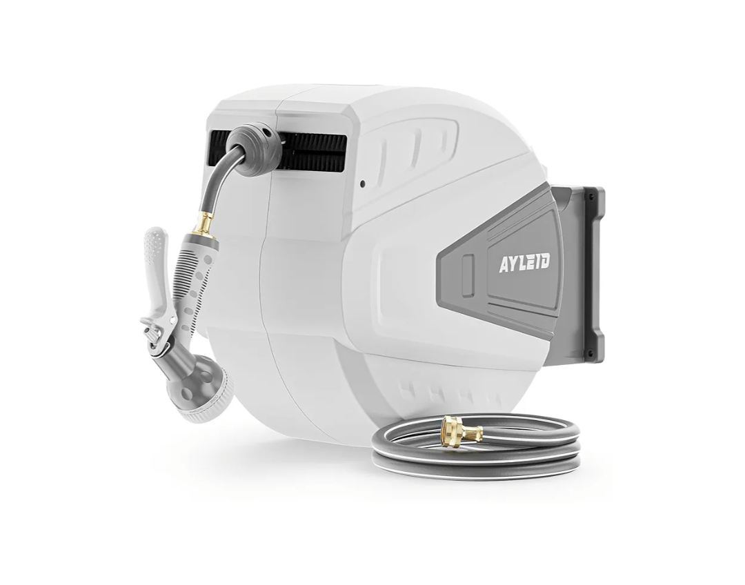 Ayleid Retractable Garden Hose Reel,1/2 in x 130 ft Wall Mounted Hose Reel, with 9- Function Sprayer Nozzle, Any Length Lock/Slow Return System/Wall Mounted/180°Swivel Bracket (Grey)