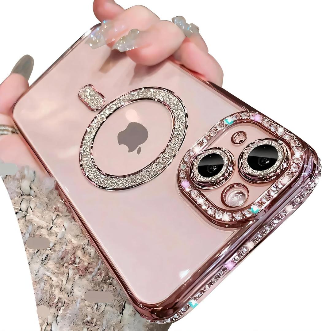 Magnetic Glitter Diamond for iPhone 14 Case[Compatible with MagSafe] Glitter Rhinestone Diamond Camera Lens Protector Plated,Clear Slim Military Drop Shockproof Cover for Women,Pink