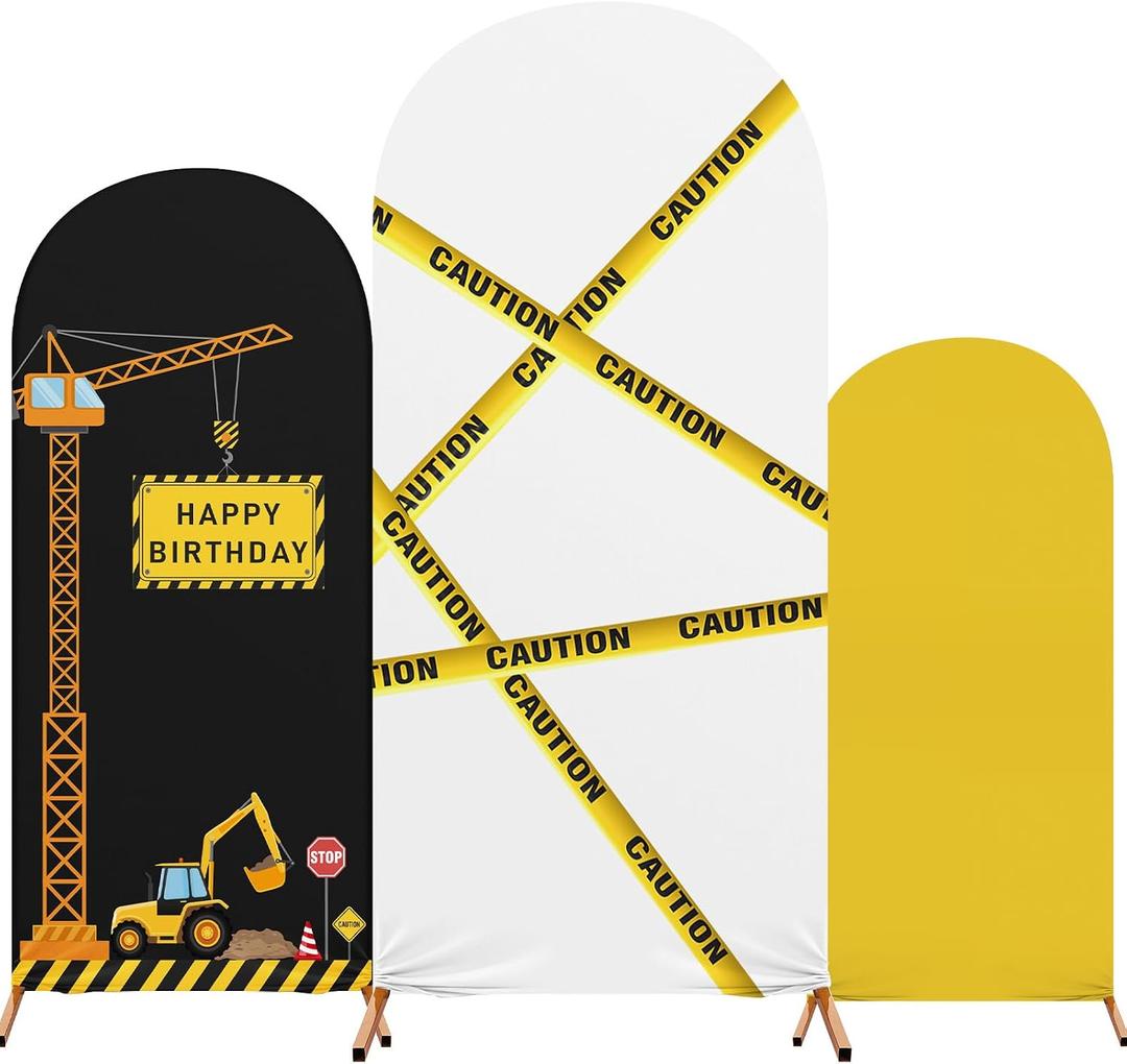 Construction Birthday Party Arch Cover Set of 3 Construction Arch Backdrop Spandex Stretch Backdrop Stand Cover 4ft, 5ft, 6ft(Caution)