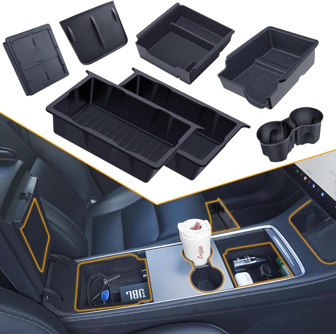 Center Console Organizer Tray 7PCS for Tesla Model Y 2020-2024(Not Fit 2025 New Model Y Juniper) Accessories with Armrest Storage Tray, Hidden Storage Box, Cup Holder Insert, Under Seat Box