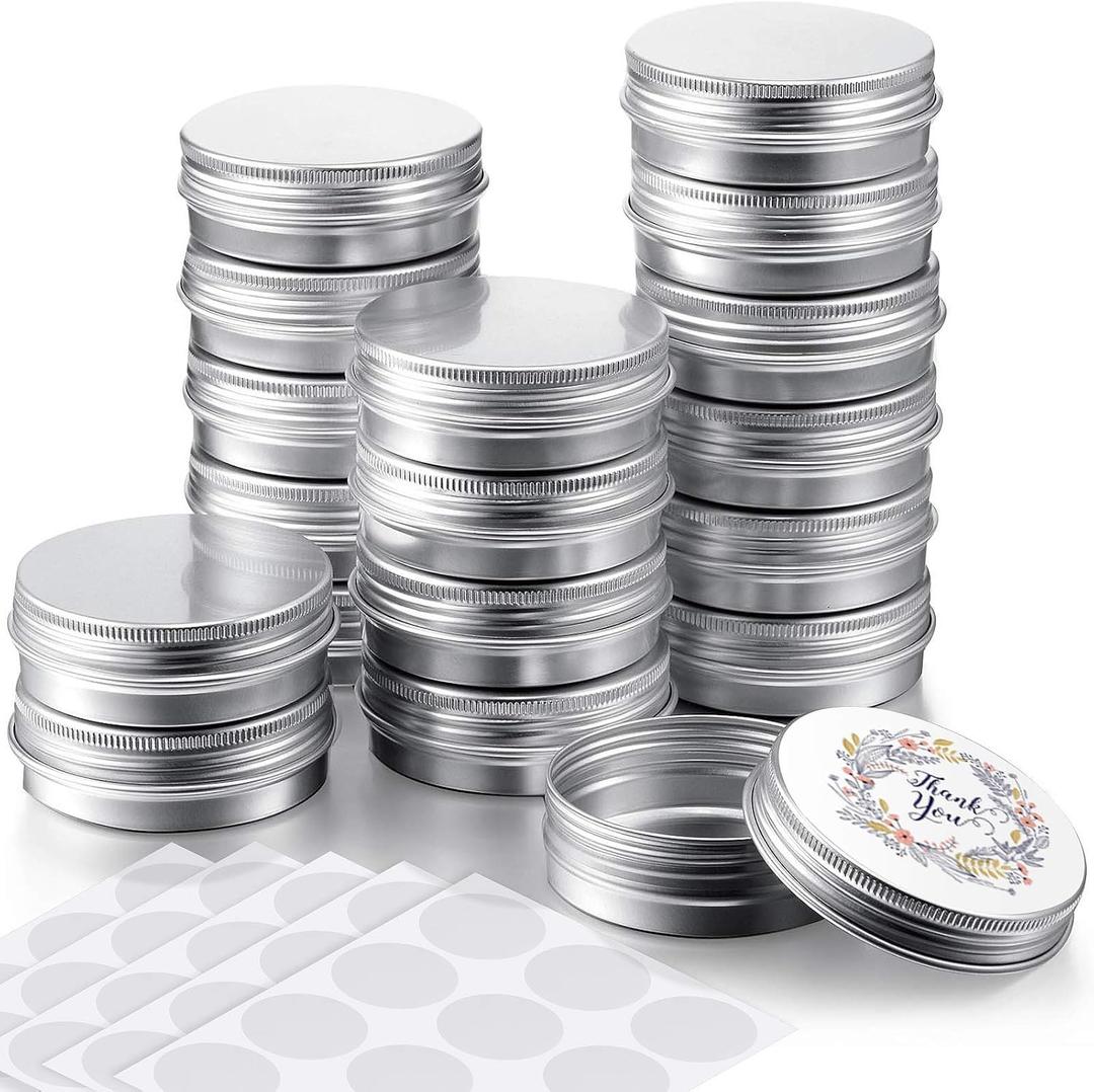 Patelai 72 Pcs 2 oz Aluminum Tins Salve Containers with Screw Lid and Labels Round Cans Travel Cosmetic Metal Tins Jar for Candles Lotion Bars Balms Food Spice Candies DIY Crafts(Silver)