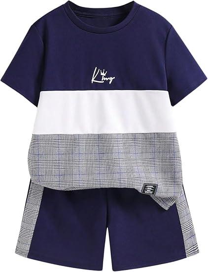 Floerns Boy's 2 Piece Outfit Striped Colorblock Short Sleeve T Shirts with Track Shorts Set, 9 years old