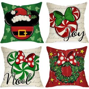 Merry Christmas Decorative Throw Pillow Covers 18 x 18 Set of 4, Xmas Candy Cane Wreath Red Green Bow Cushion Case Decor, Noel Joy Winter Holiday Farmhouse Home Sofa Couch Decoration