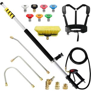 JANZ 24 FT Pressure Washer Telescoping Wand with Power Washer Extension Wands, Brush Head, Gutter Cleaner, 7 Spray Nozzle Tips, 2 Hose Adapters and Support Belt TW-004 (Yellow)