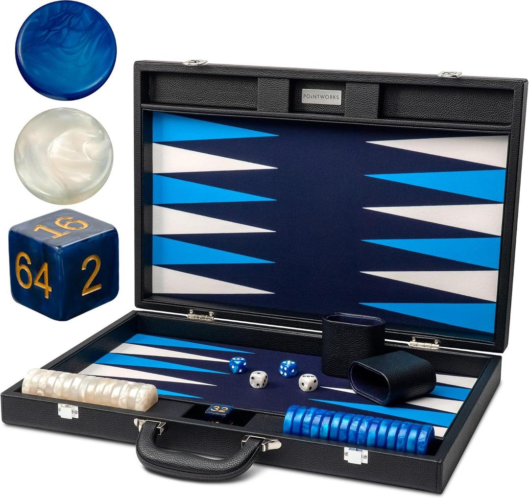 Pointworks 19 Inch Premium Backgammon Sets for Adults Leather Black - Blue. Premium 1.6 Inch Checkers & Dice Set, Travel Backgammon Set, Large, Backgammon Board Game, Backgammon Game Set, 19 inches x 25 inches