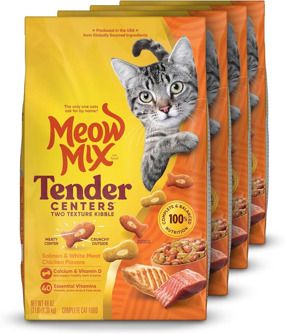Meow Mix Tender Centers Salmon & White Meat Chicken Flavors Cat Food, 3 Pound (Pack of 4), Crunchy Outside Meaty Inside (EXP 02/28/27)