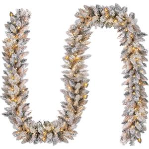 KOIUEYW Flocked Garland with Lights,9FT Battery-Powered Pre-Lit Christmas Garland, Glittered Artificial Christmas Garland with Warm LEDs for Mantle Home Fireplace Stairs Party Decoration