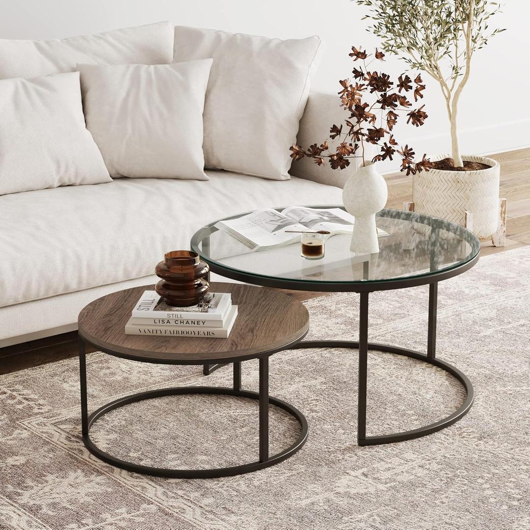Nathan James Stella Round Modern Nesting Coffee Set of 2, Stacking Living Room Accent Tables, Rustic Oak/Gunmetal/Clear Glass