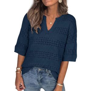 PRETTYGARDEN Womens Crochet Tops Casual Cotton Hollow Out Knit Short Sleeve Oversized Sweater for Women Summer Beach Cover Up (X-Large, Dark Blue)