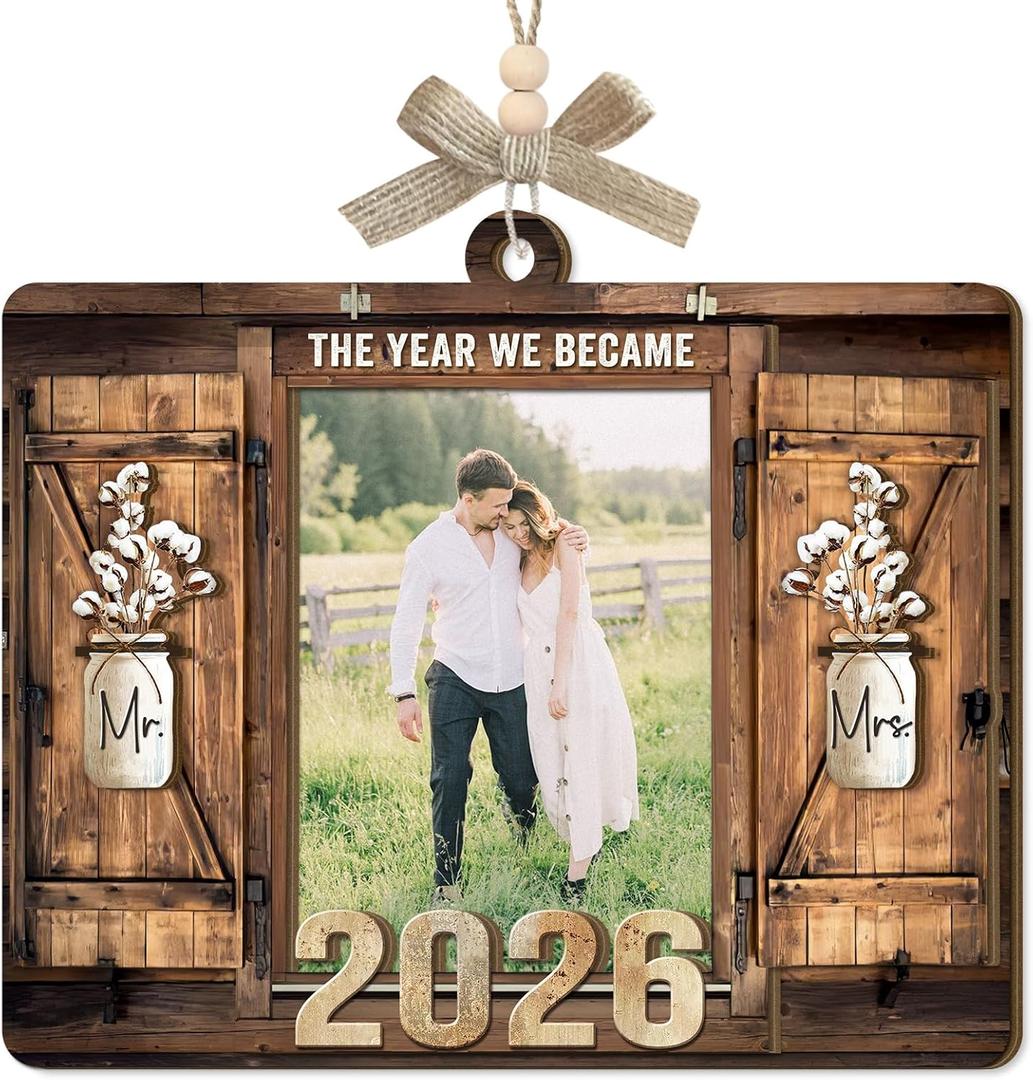 Personalized Wedding Gifts for Couples 2026 - Bridal Shower Gifts for Bride, Customized Wood Wedding Ornaments with Photos, Mr and Mrs Engagement Gift, Personalized Picture Frame