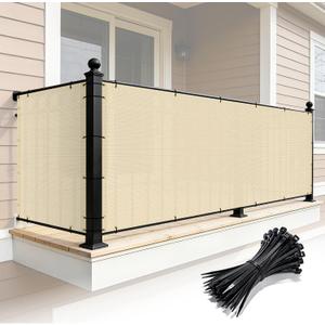 3' x 10' Balcony Privacy Screen HDPE Privacy Fence Cover with Grommets UV Block & Breathable for Patio Deck Porch Apartment, Zipties Included (Beige)