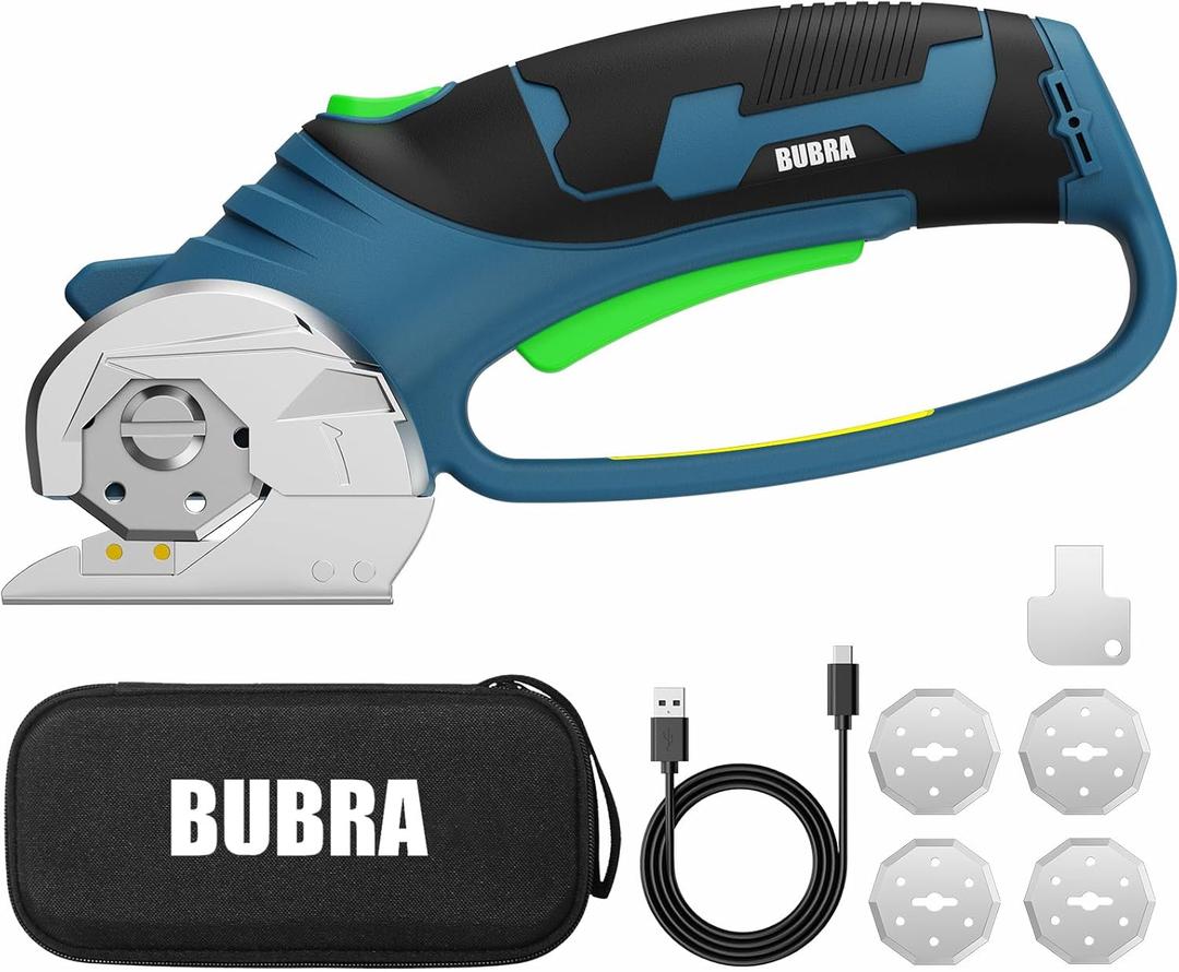 BUBRA Cordless Electric Scissors for Cardboard, Fabric & Carpet, 4V Cardboard Cutter, Rechargeable Electric Box Cutter Cuts up to 1/3", Includes 4 Blades and key,Safety Lock & LED Light