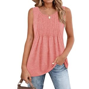 Zeagoo Women's Summer Tank Tops 2025 Pleated Crew Neck Floral Solid Loose Fit Casual Sleeveless Flowy Boho Tunic Shirts (Coral) S