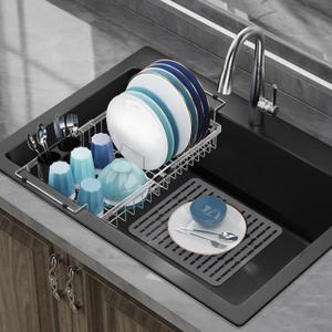 GSlife Expandable Dish Drying Rack for Large Sink- Stainless Steel Over the Sink Dish Drainer with Silicone Sink Protector and Locking Knob for Kitchen, 12.8" W x 13.4"-20.5" L, Silver