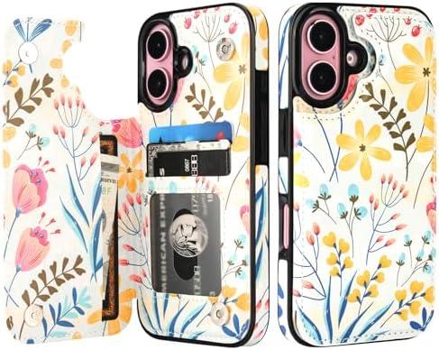 HAOPINSH for iPhone 16 Wallet Case with Card Holder, Floral Flower Pattern Back Flip Folio PU Leather Kickstand Card Slots Case for Women Girls, Double Magnetic Clasp Shockproof Cover 6.1"