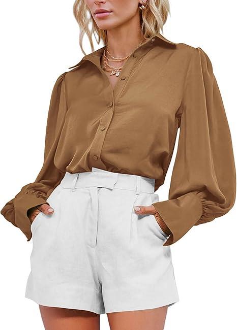 BTFBM Women's Satin Blouse Elegant Puff Sleeve Dressy Office Vintage Button Up Shirt
Size S