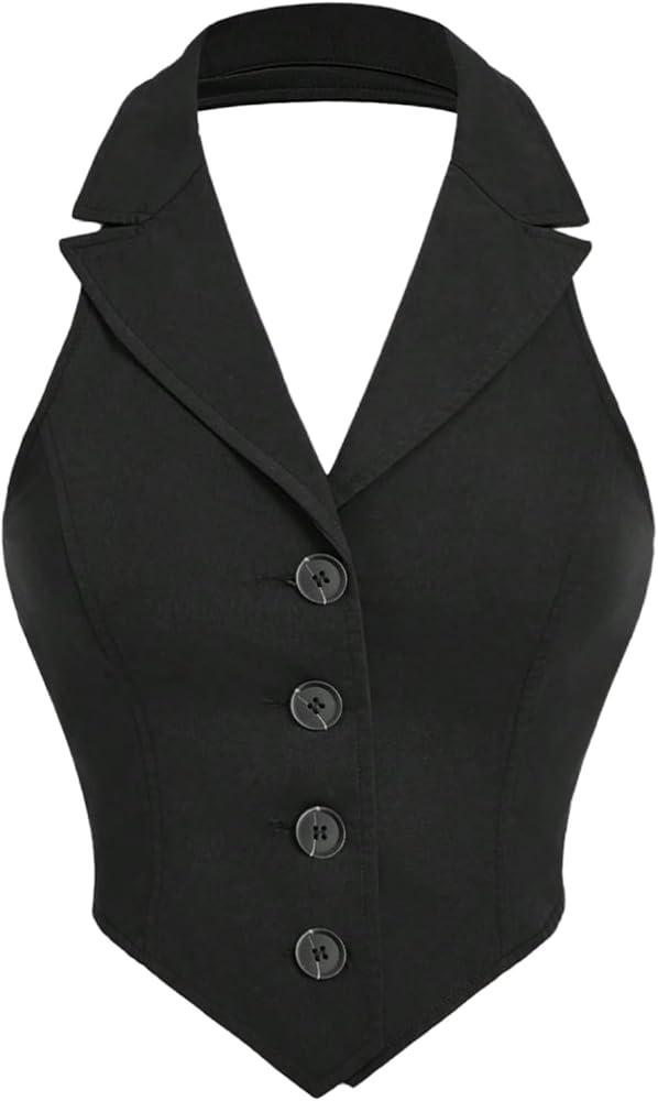 Women's Solid Asymmetrical Hem Backless Crop Tank Tops Sleeveless Casual Button Front Crop Blazer Vest, Small