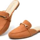 MUSSHOE Gold Buckle Mules for Women - Comfortable Memory Foam Loafers, Classy Slip On Flats for Office Business Casual, Dressy Pointed Toe Shoes (6.5, Tan Suede)
