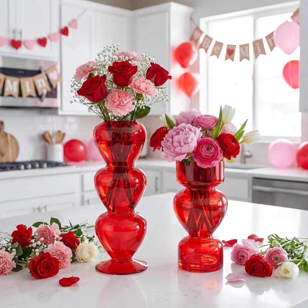 2 Pcs Valentine's Day Red Glass Bud Vase Table Centerpiece Red Heart Transparent Glass Vase Valentines Home Indoor Decor Table Decor for Proposal Valentine Gifts Mothers Day Bridal Shower
