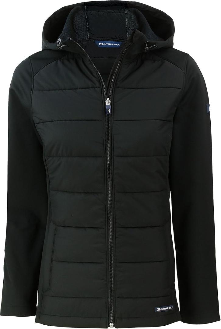 Cutter & Buck Ladies Evoke Hybrid Eco Softshell Recycled Full Zip Womens Hooded Jacket (Black, XL)