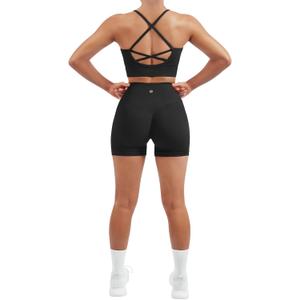 SUUKSESS Women Seamless 2 Piece Workout Sets Criss Cross Padded Sports Bra High Waist Booty Shorts Outfits (Black, M)