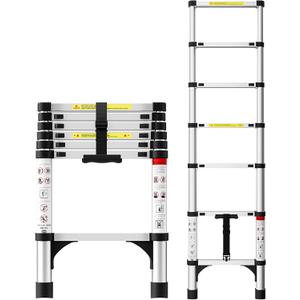 Telescoping Ladder 6.5 FT, Aluminum Extension Ladder with Triangular Stabilizers, 330 lbs Capacity, Portable Collapsible Ladder for RV, Home; Silver