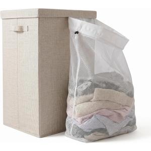 Laundry Hamper with Lid, 70L Laundry Basket with Bag,Beige