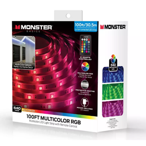 Monster 100' RGB LED Light Strip Indoor: 100ft Multicolor USB Powered Tape Lights, 540 LEDs, 4 Settings, CR2025 Battery