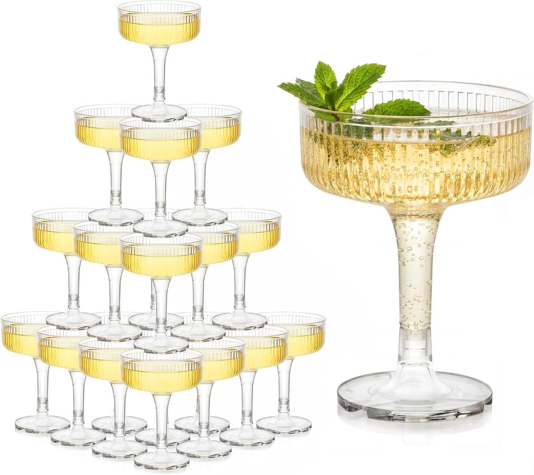 Houmury 20 Pcs 7oz Plastic Champagne Glasses Unbreakable Plastic Martini Glasses Flutes Reusable Clear Acrylic Coupe Drinkware For Wedding Birthday Party (20, Clear)