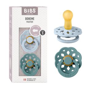 BIBS Boheme Soother 2-Pack. BPA Free Dummy Pacifier, Symmetrical Nipple. Natural Rubber Latex, Made in Denmark. 0-6 Months (Pack of 2), Baby Blue/Island Sea (Size 1 | 0+ Month, Baby Blue / Island Sea)