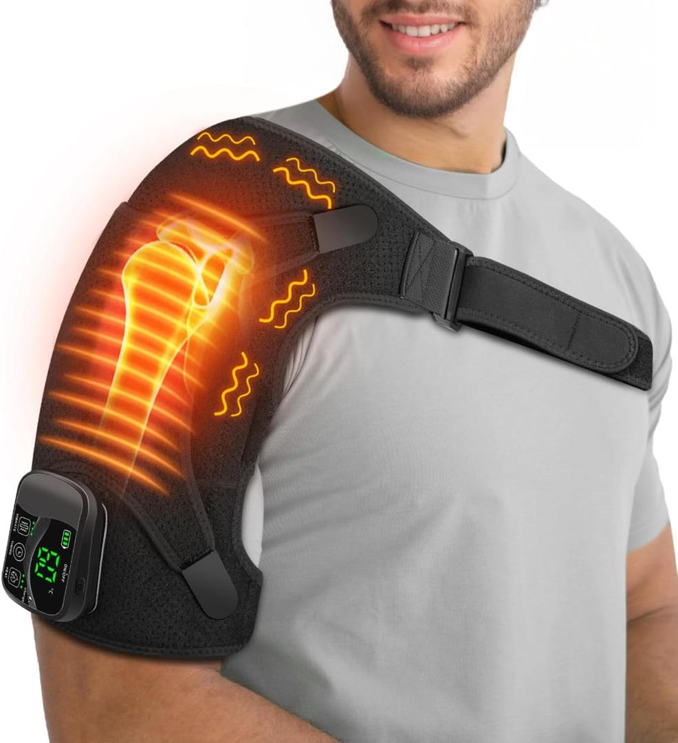 Cordless Electric Heated Massage Shoulder Wrap Pad with 4000mAh Battery for Arm Shoulder Pain Relief Heating Pad,Shoulder Brace with 3 Vibration and Heat Settings Hot Therapy for Women Men Gift