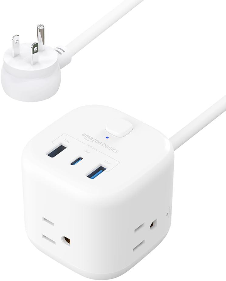 Amazon Basics Power Strip Cube 3 Outlet 3 USB Ports, 1 USB-C(15W) and 2 USB-A(12W), 5 ft Extension Cord, Home, Office, Travel, White